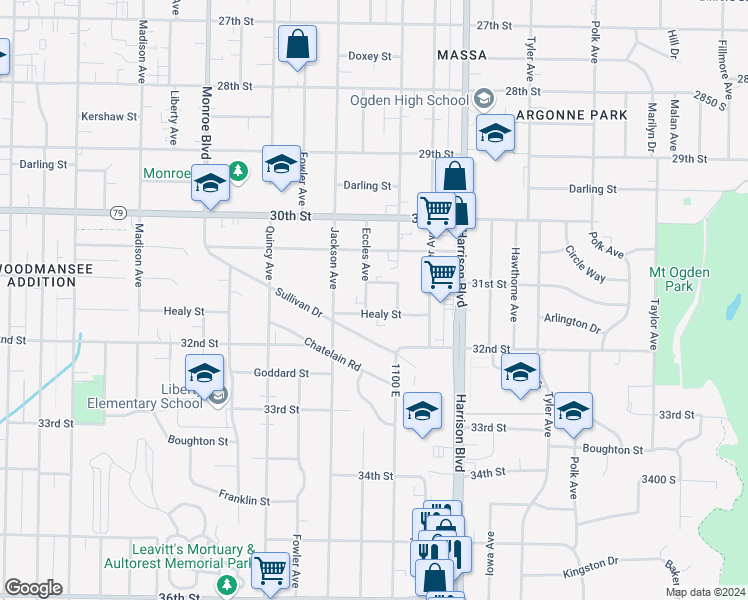 map of restaurants, bars, coffee shops, grocery stores, and more near 3080 Eccles Avenue in Ogden