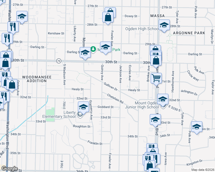 map of restaurants, bars, coffee shops, grocery stores, and more near 934 Sullivan Drive in Ogden