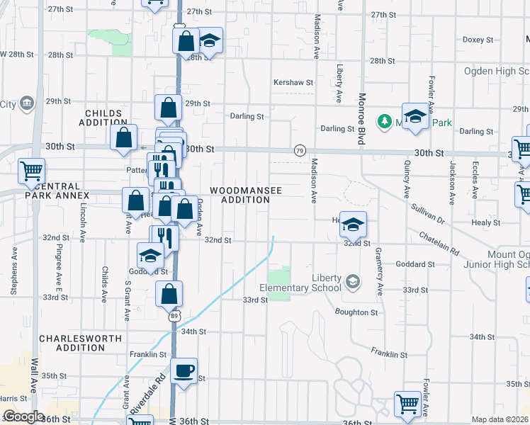 map of restaurants, bars, coffee shops, grocery stores, and more near 3100 Porter Avenue in Ogden