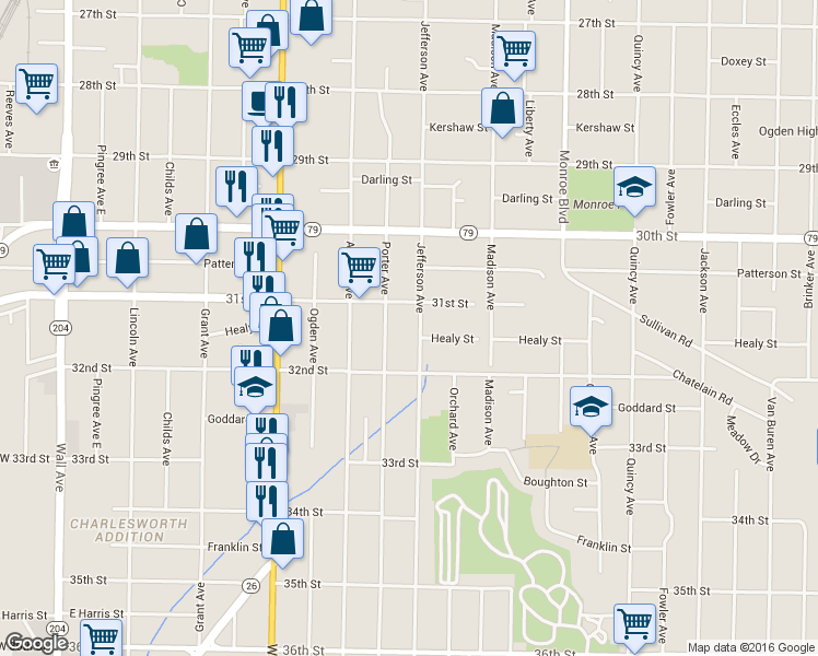 map of restaurants, bars, coffee shops, grocery stores, and more near 3100 Porter Avenue in Ogden