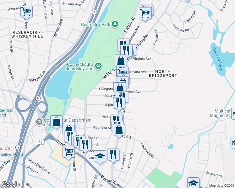 map of restaurants, bars, coffee shops, grocery stores, and more near in Bridgeport