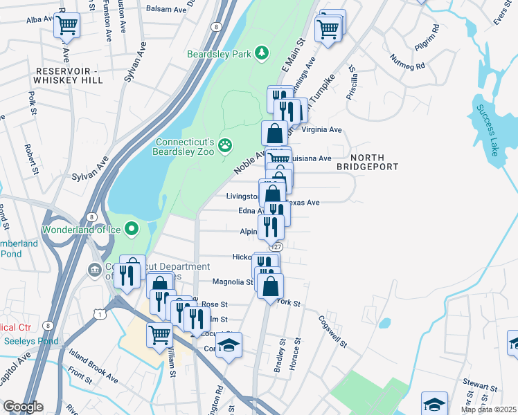map of restaurants, bars, coffee shops, grocery stores, and more near 123 Livingston Place in Bridgeport