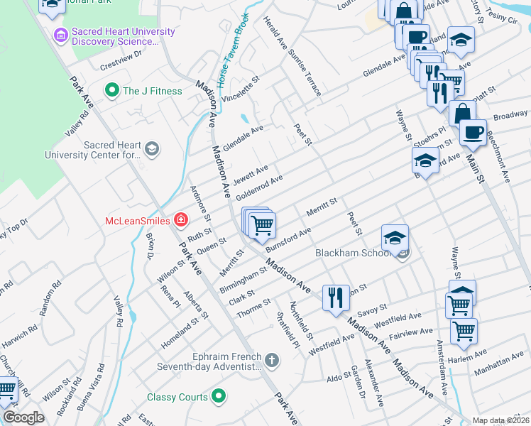 map of restaurants, bars, coffee shops, grocery stores, and more near 570 Ruth Street in Bridgeport