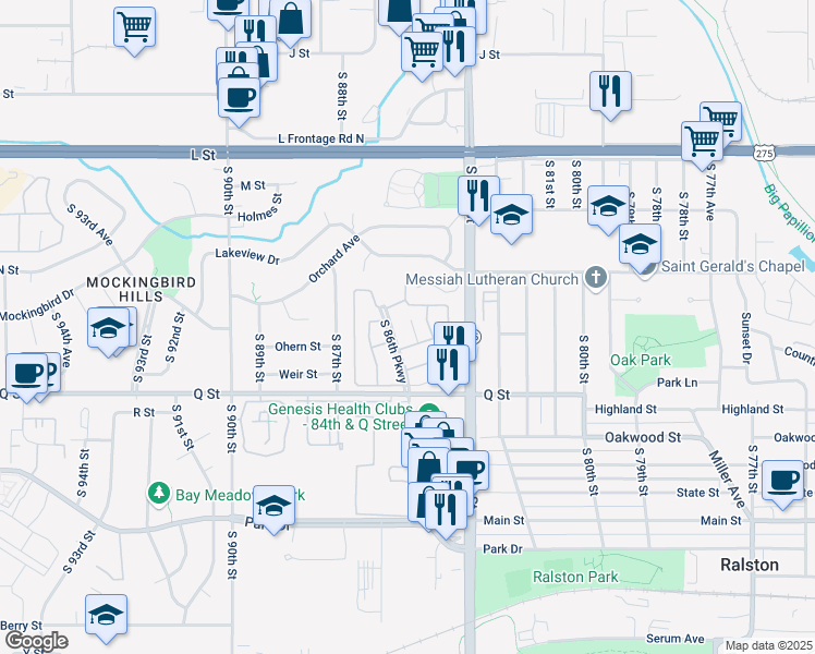 map of restaurants, bars, coffee shops, grocery stores, and more near 8488 Ohern Street in Omaha