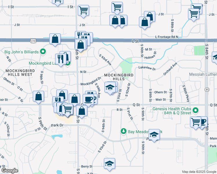 map of restaurants, bars, coffee shops, grocery stores, and more near 5021 South 93rd Circle in Omaha