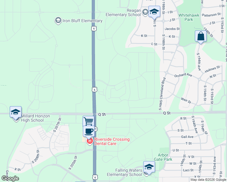 map of restaurants, bars, coffee shops, grocery stores, and more near 5002 South 202nd Avenue in Omaha