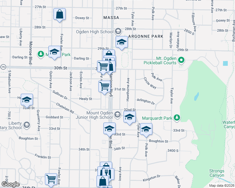 map of restaurants, bars, coffee shops, grocery stores, and more near 3119 Iowa Avenue in Ogden