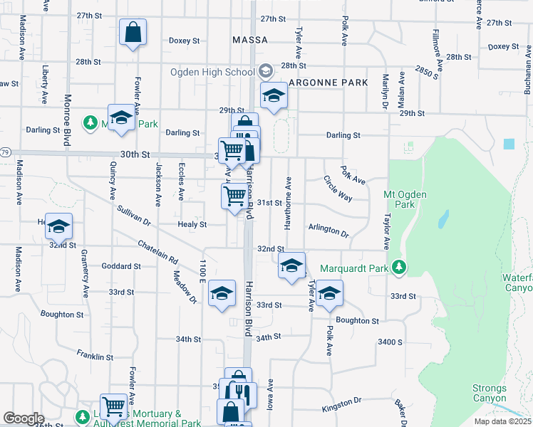 map of restaurants, bars, coffee shops, grocery stores, and more near 3119 Iowa Avenue in Ogden