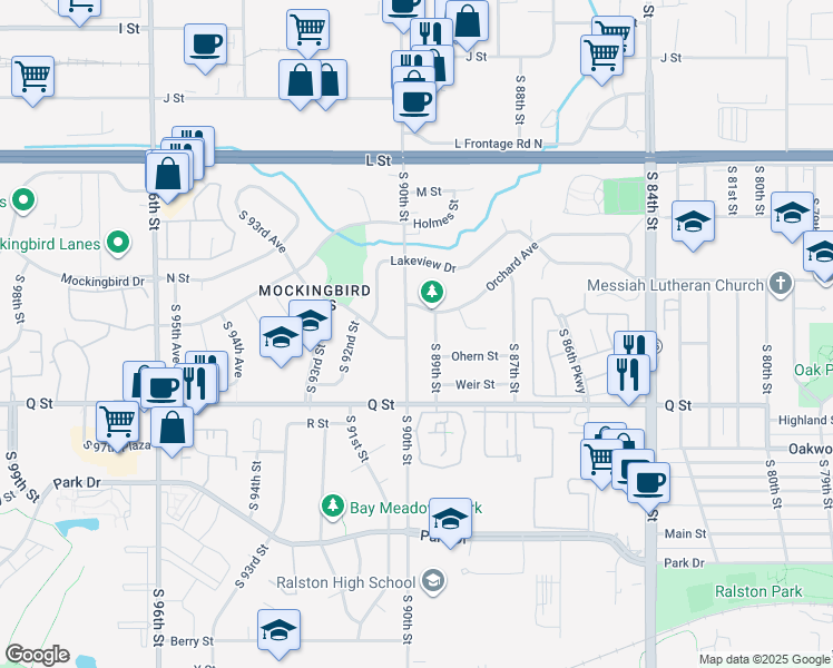 map of restaurants, bars, coffee shops, grocery stores, and more near in Ralston