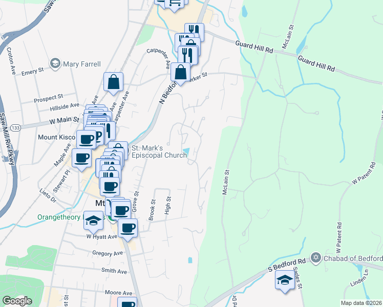 map of restaurants, bars, coffee shops, grocery stores, and more near 3304 Victoria Drive in Mount Kisco