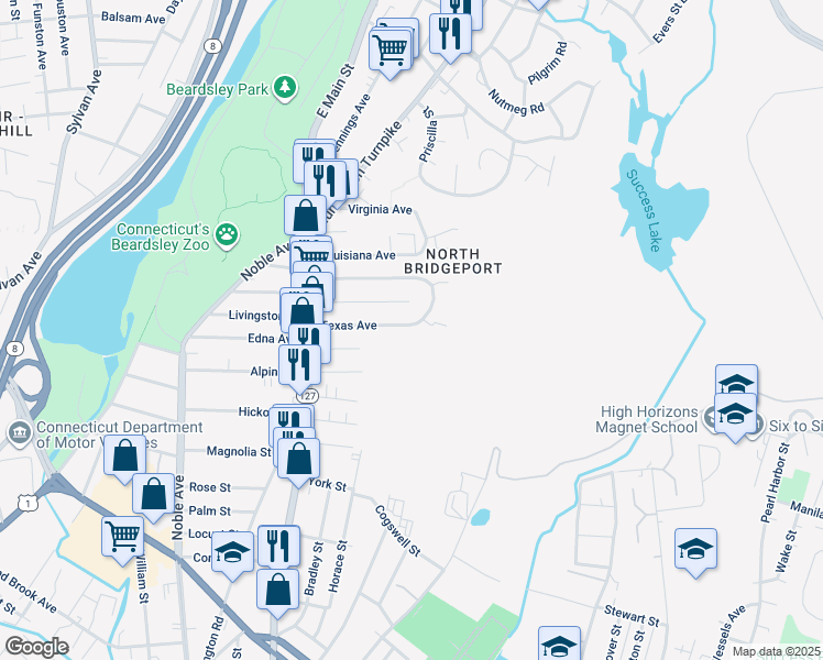 map of restaurants, bars, coffee shops, grocery stores, and more near 255 Texas Avenue in Bridgeport