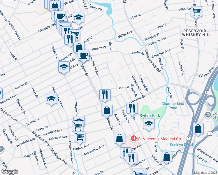 map of restaurants, bars, coffee shops, grocery stores, and more near 176 Beechmont Avenue in Bridgeport