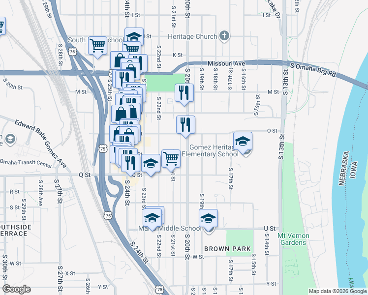 map of restaurants, bars, coffee shops, grocery stores, and more near 5007 South 20th Street in Omaha