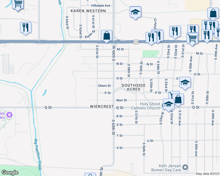 map of restaurants, bars, coffee shops, grocery stores, and more near 5015 South 60th Street in Omaha