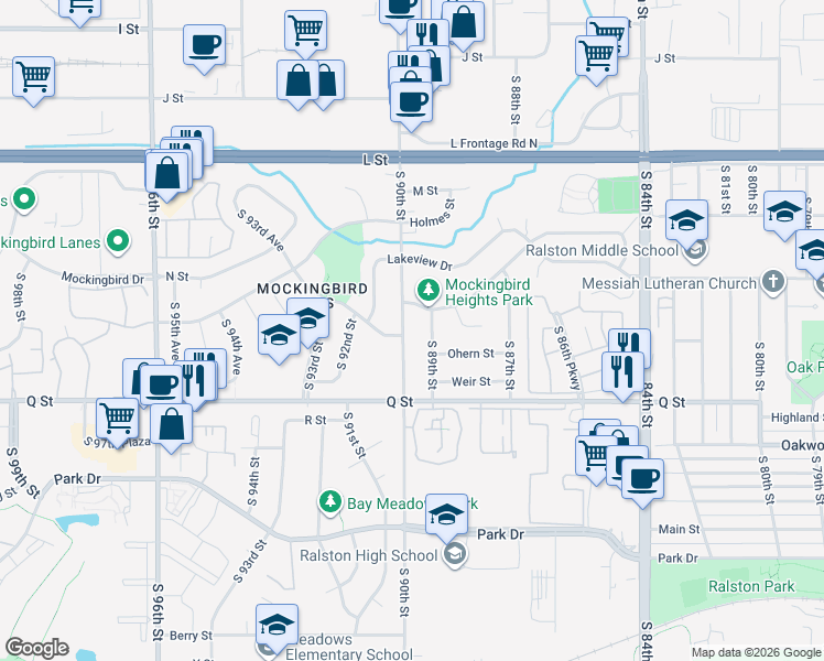 map of restaurants, bars, coffee shops, grocery stores, and more near in Ralston