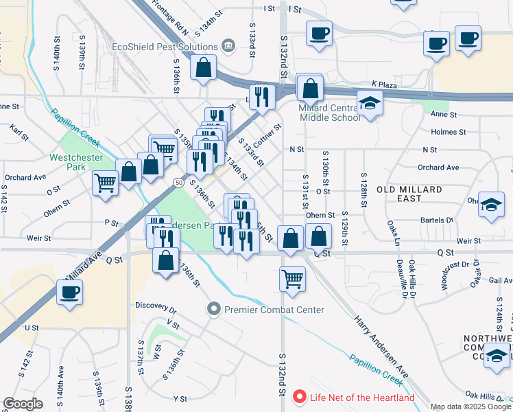 map of restaurants, bars, coffee shops, grocery stores, and more near 5006 North 134th Avenue in Omaha