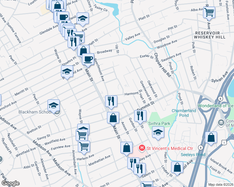 map of restaurants, bars, coffee shops, grocery stores, and more near 55 Harmony Street in Bridgeport
