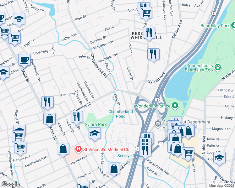 map of restaurants, bars, coffee shops, grocery stores, and more near 315 Chamberlain Avenue in Bridgeport