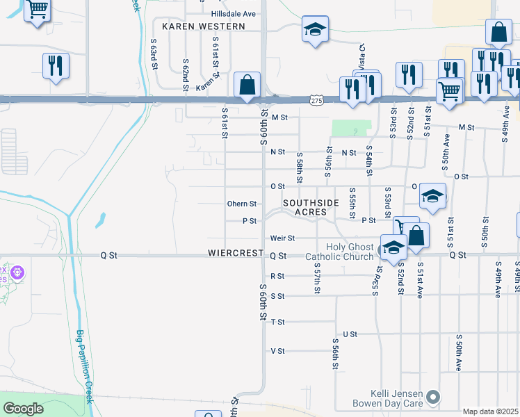 map of restaurants, bars, coffee shops, grocery stores, and more near 5015 South 60th Street in Omaha
