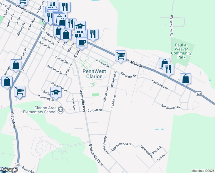 map of restaurants, bars, coffee shops, grocery stores, and more near 100 Wilson Avenue in Clarion