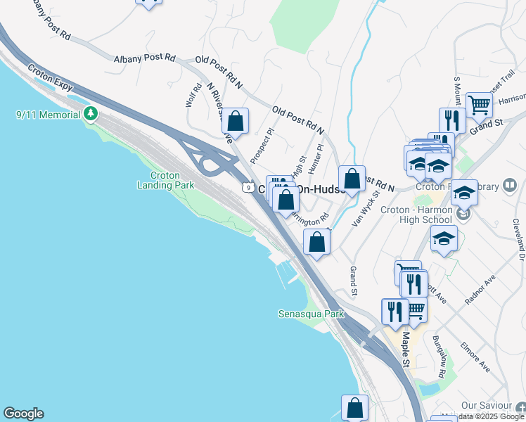 map of restaurants, bars, coffee shops, grocery stores, and more near Senasqua Road in Croton-on-Hudson