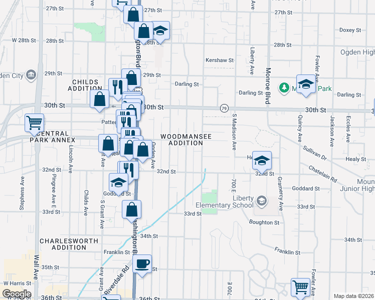 map of restaurants, bars, coffee shops, grocery stores, and more near 3124 Porter Avenue in Ogden