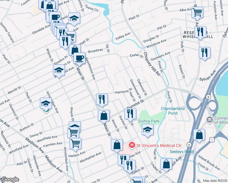 map of restaurants, bars, coffee shops, grocery stores, and more near 573 Ezra Street in Bridgeport
