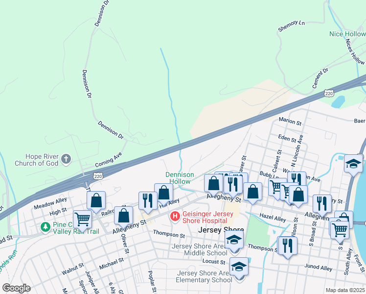map of restaurants, bars, coffee shops, grocery stores, and more near Pennsylvania 44 in Jersey Shore