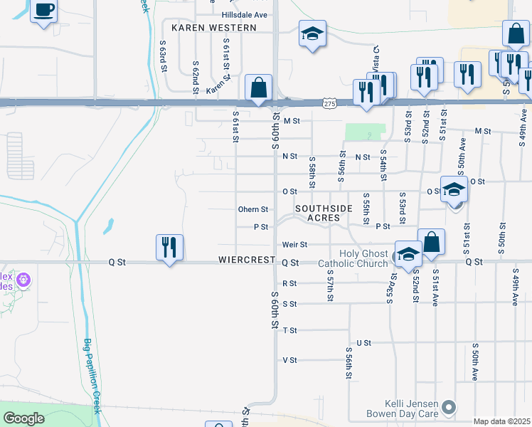map of restaurants, bars, coffee shops, grocery stores, and more near 5015 South 60th Street in Omaha