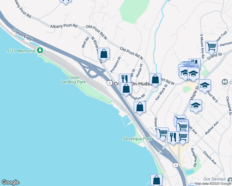 map of restaurants, bars, coffee shops, grocery stores, and more near Senasqua Road in Croton-on-Hudson