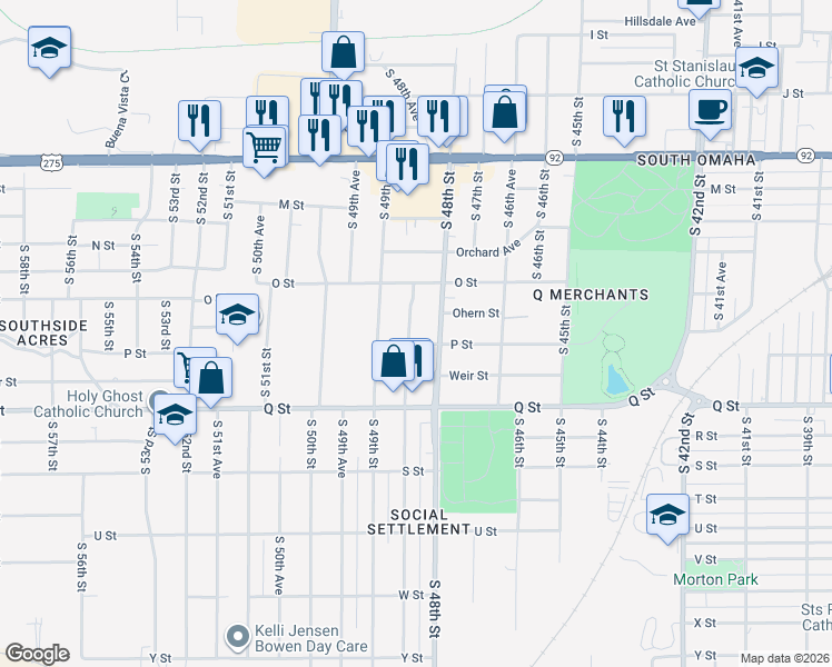 map of restaurants, bars, coffee shops, grocery stores, and more near 5032 South 48th Avenue in Omaha