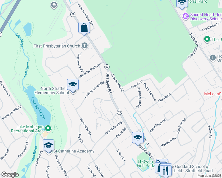 map of restaurants, bars, coffee shops, grocery stores, and more near 19 Putting Green Road in Fairfield