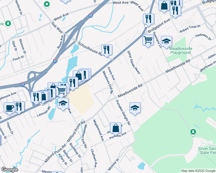 map of restaurants, bars, coffee shops, grocery stores, and more near 53 Meadows End Road in Milford