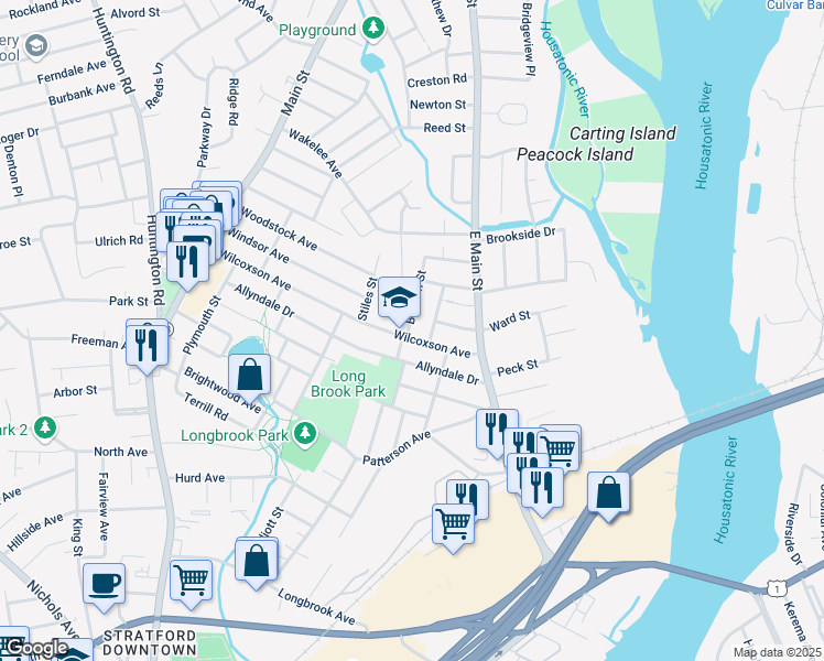 map of restaurants, bars, coffee shops, grocery stores, and more near 50 Beacon Street in Stratford