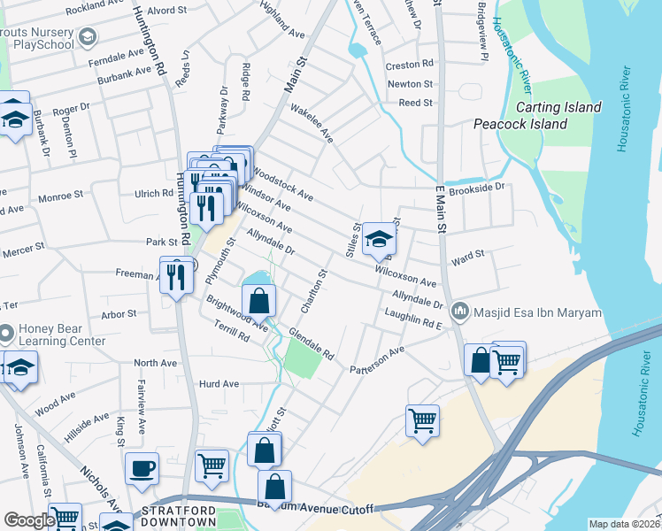 map of restaurants, bars, coffee shops, grocery stores, and more near 196 Charlton Street in Stratford