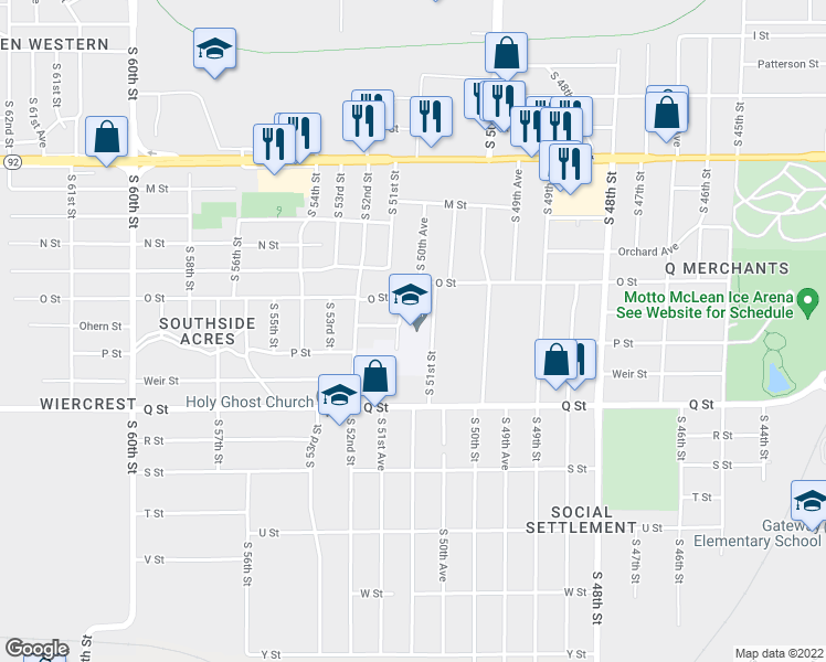 map of restaurants, bars, coffee shops, grocery stores, and more near 5050 South 51st Street in Omaha