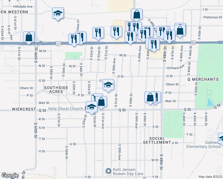 map of restaurants, bars, coffee shops, grocery stores, and more near 5050 South 51st Street in Omaha