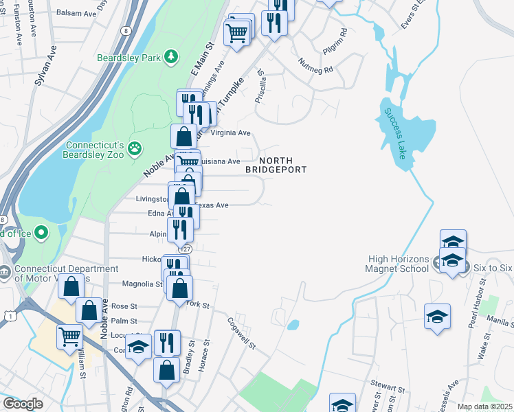 map of restaurants, bars, coffee shops, grocery stores, and more near 255 Texas Avenue in Bridgeport