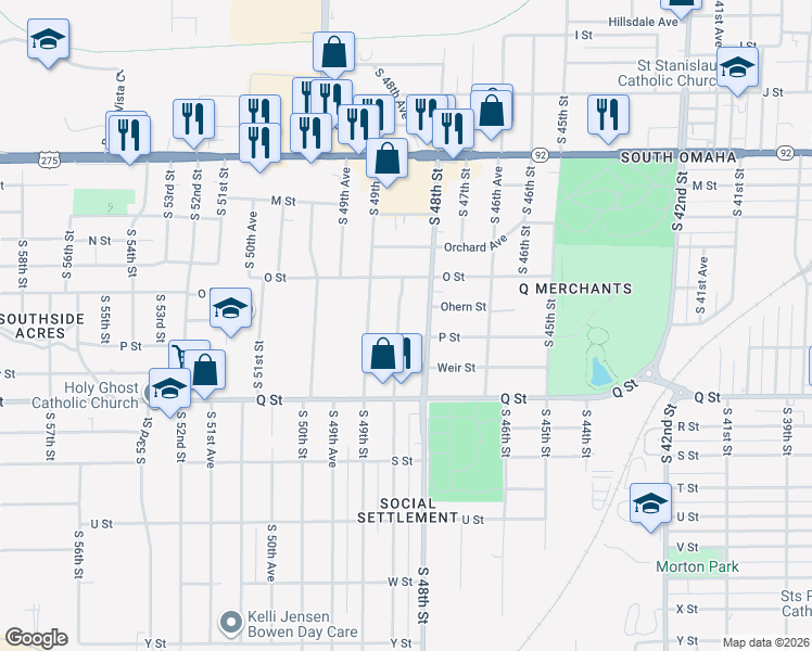map of restaurants, bars, coffee shops, grocery stores, and more near 5032 South 48th Avenue in Omaha