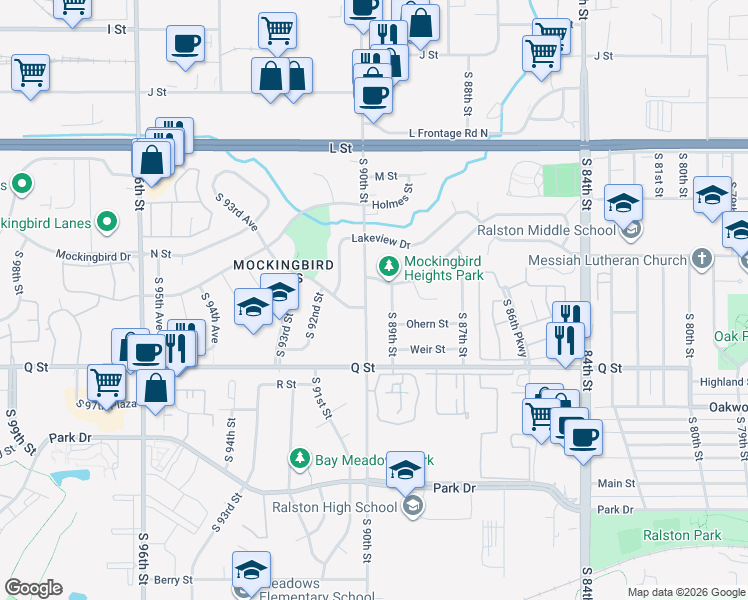 map of restaurants, bars, coffee shops, grocery stores, and more near in Ralston
