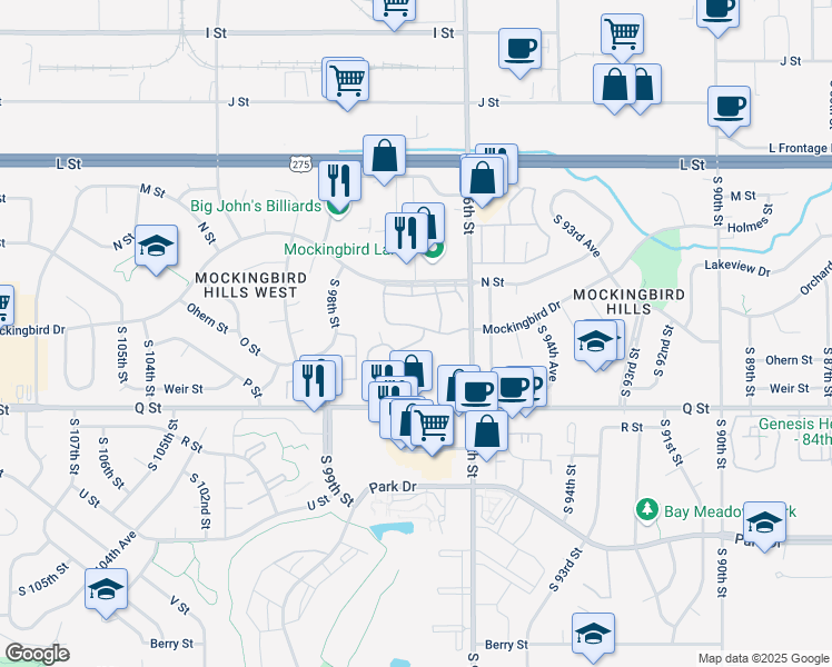 map of restaurants, bars, coffee shops, grocery stores, and more near 9738 Ohern Plaza in Omaha