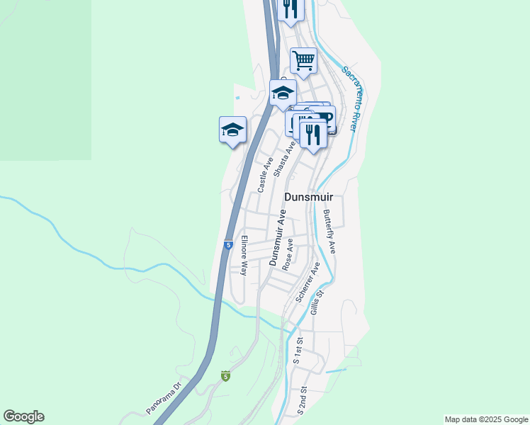 map of restaurants, bars, coffee shops, grocery stores, and more near 4303 Oak Street in Dunsmuir