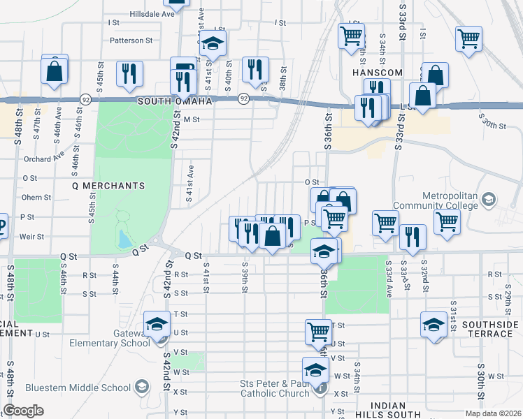 map of restaurants, bars, coffee shops, grocery stores, and more near 5041 South 39th Street in Omaha