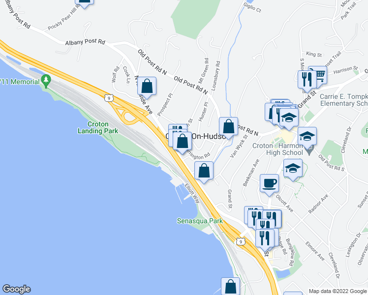 map of restaurants, bars, coffee shops, grocery stores, and more near 10 Farrington Road in Croton-on-Hudson