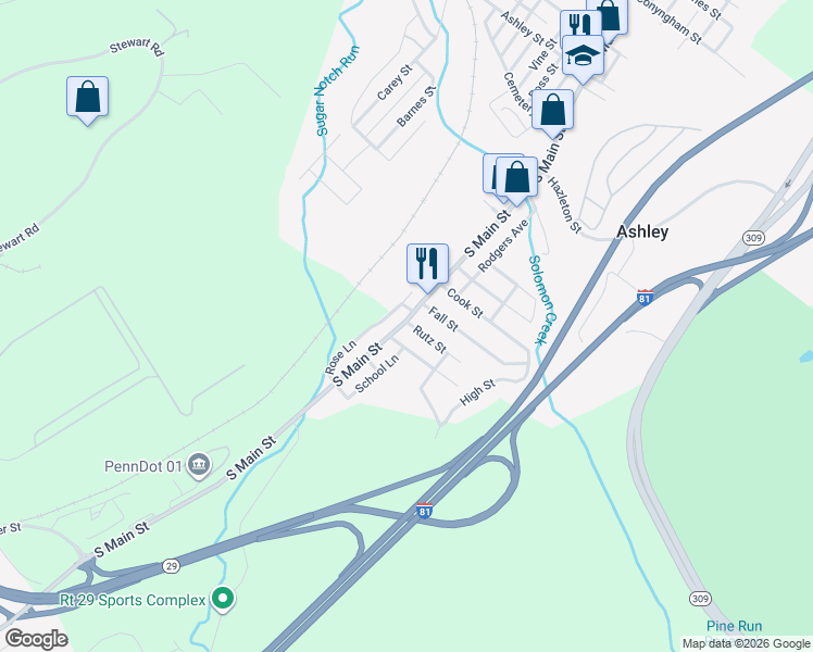 map of restaurants, bars, coffee shops, grocery stores, and more near 137 South Main Street in Ashley