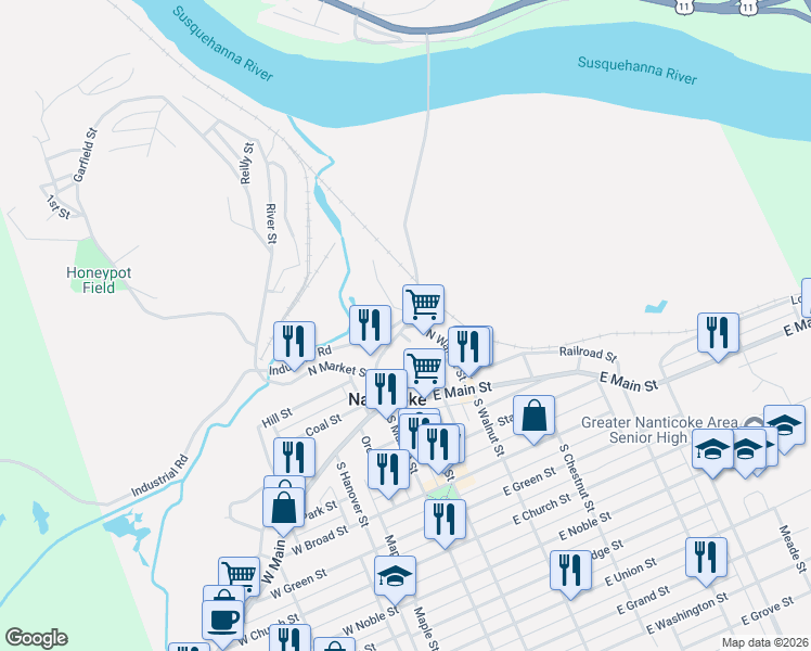 map of restaurants, bars, coffee shops, grocery stores, and more near 151-199 Lower Broadway St in Nanticoke