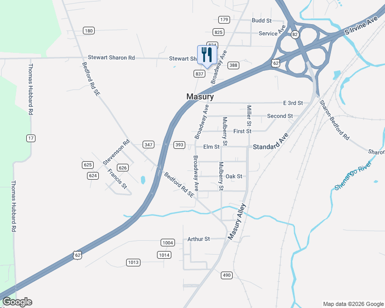 map of restaurants, bars, coffee shops, grocery stores, and more near 7783 Elm Street in Masury