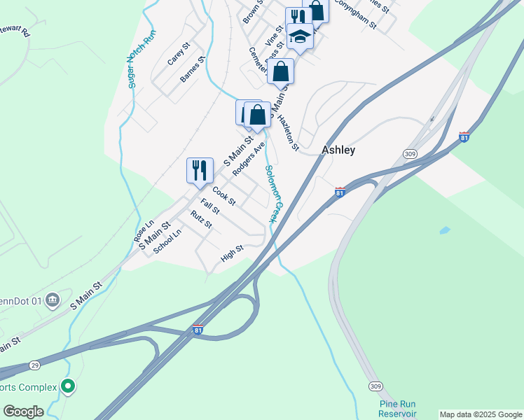 map of restaurants, bars, coffee shops, grocery stores, and more near 55 Wyoming Street in Ashley
