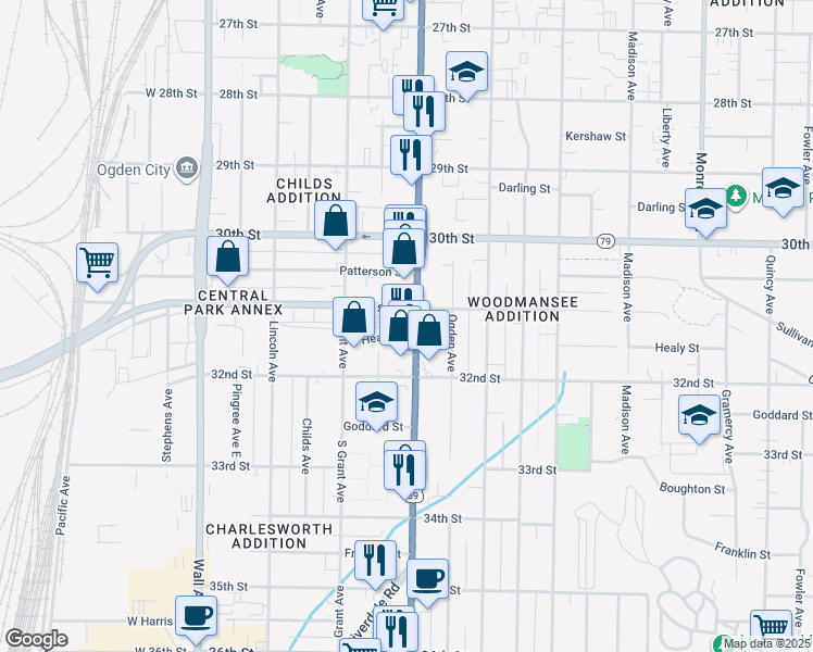 map of restaurants, bars, coffee shops, grocery stores, and more near 3120 Washington Boulevard in Ogden