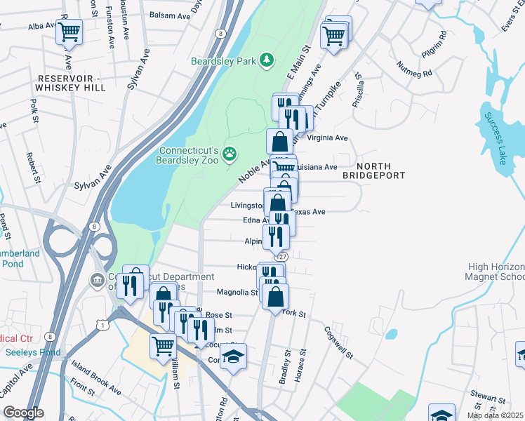 map of restaurants, bars, coffee shops, grocery stores, and more near 123 Livingston Place in Bridgeport